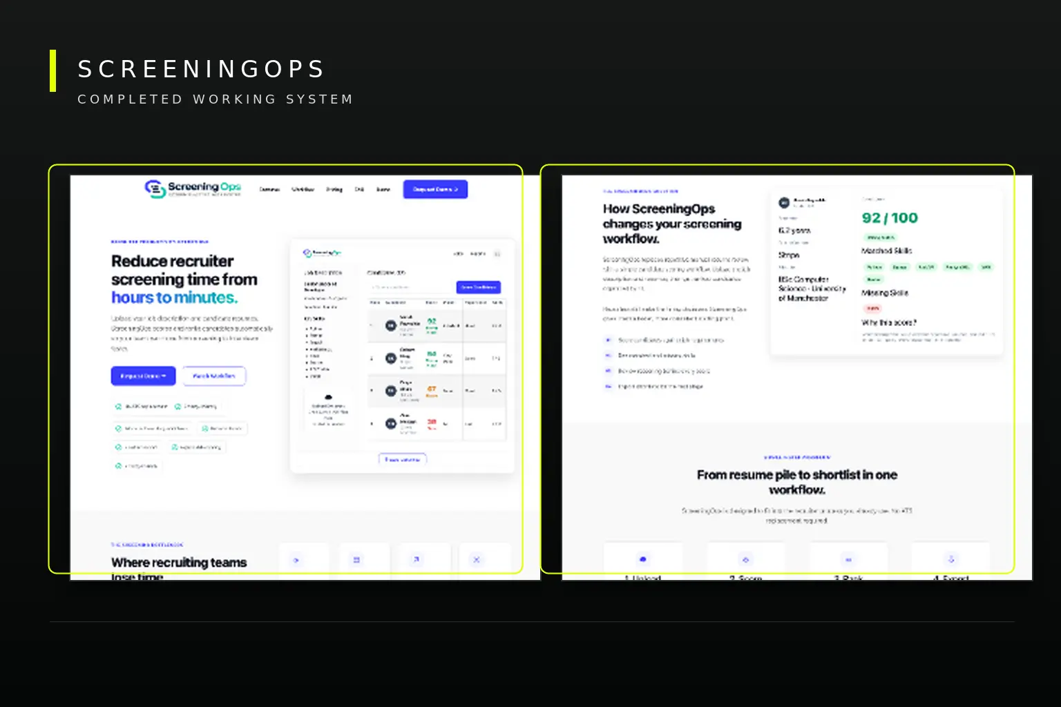 ScreeningOps website and workflow showing upload, scoring, ranking and export steps